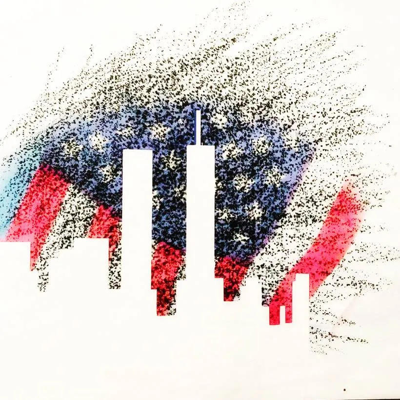 Illustration of the New York City skyline and the Twin Towers in white silhouette against a speckled red, white, and blue American flag