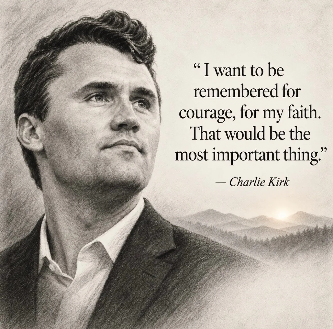 Pencil-sketch illustration of Charlie Kirk looking upward toward a mountain sunrise, beside his quote: "I want to be remembered for courage, for my faith. That would be the most important thing."