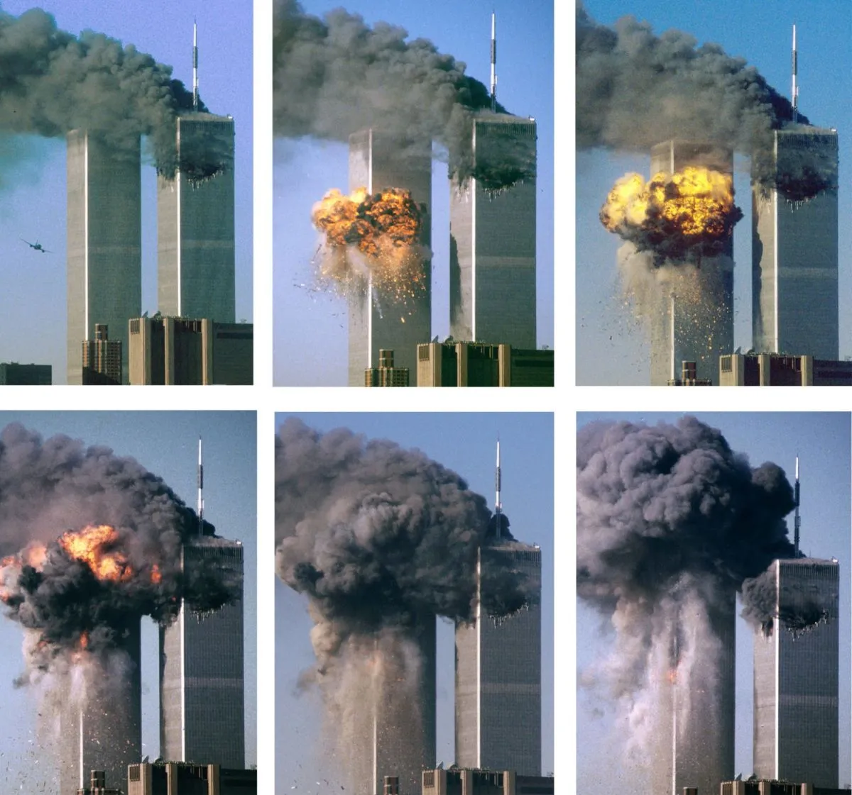 series of photos of hijacked airliner attacking world trade center 2